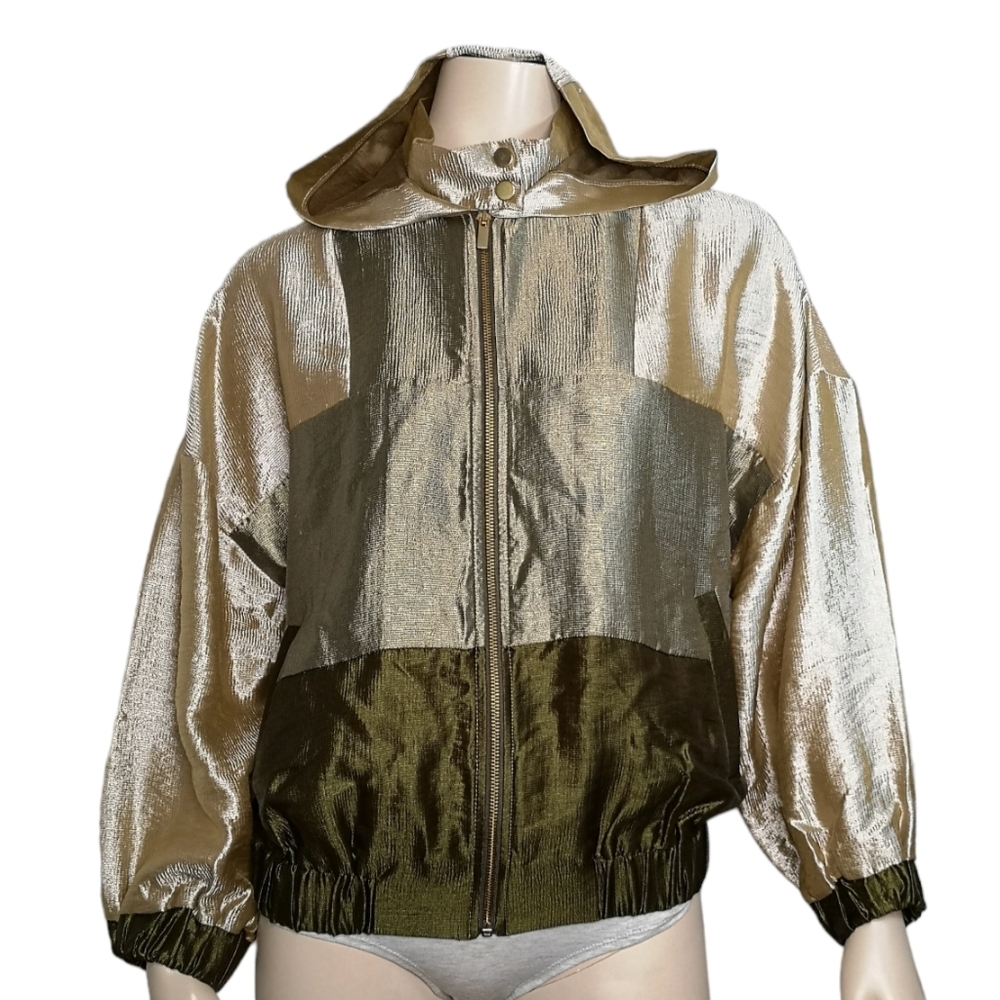 NWT Zara Jacket Colour Block Metallic Hooded Lightweight Shiny Y2K Size XS